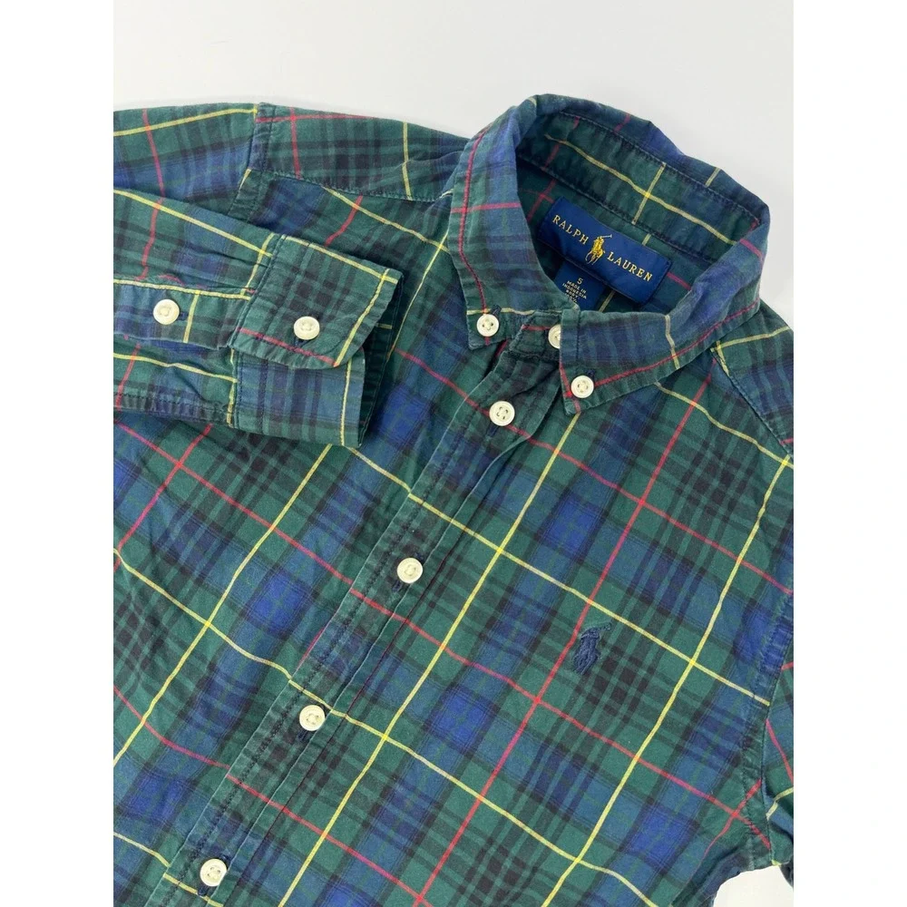 Ralph Lauren Boys Green Blue Tartan Plaid Cotton Button Down Shirt Size 5